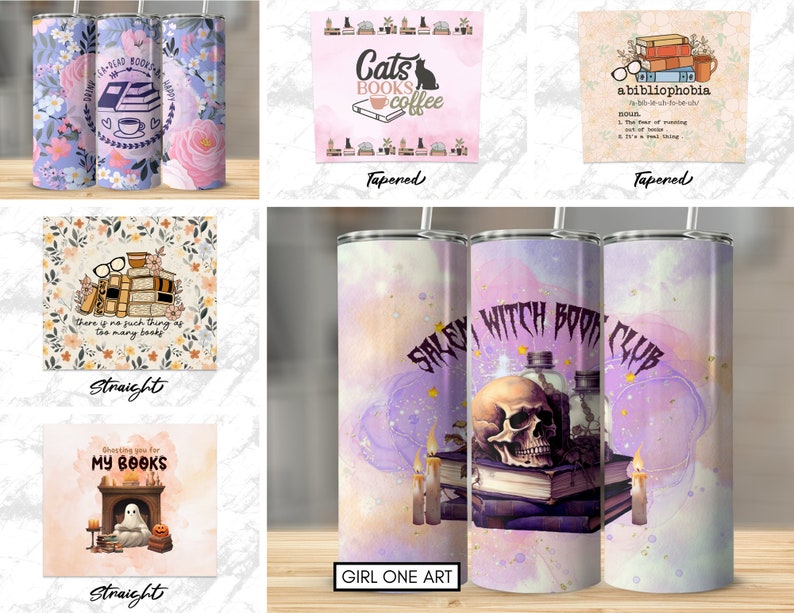 May include: A set of six sublimation designs for tumblers featuring various book-themed illustrations. The designs include a cat reading a book with coffee, a stack of books with the text "abibliophobia", a stack of books with the text "There is no such thing as too many books", a ghost reading a book in a fireplace, and a skull with a stack of books and the text "Salem Witch Book Club".