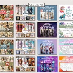 May include: A collage of digital products for sale, including printable bookmarks, clipart, and journal kits. The products feature a variety of themes, including winter wonderland, fantasy dragons, gothic witch, and true crime. The products are available for commercial use.