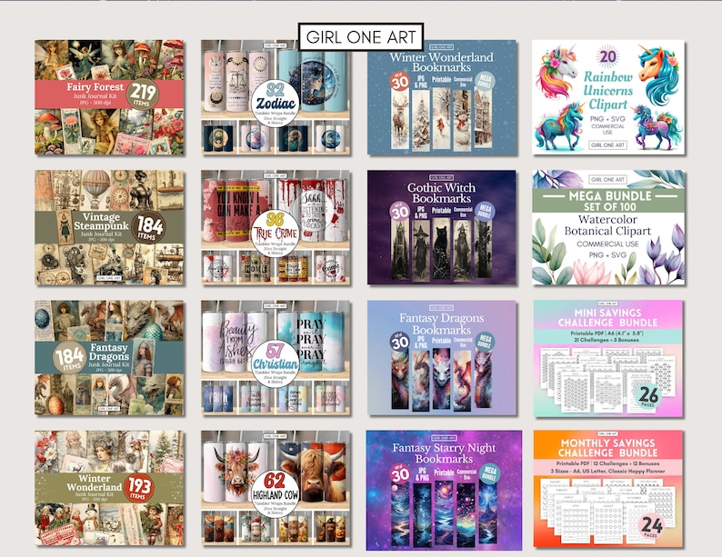 May include: A collage of digital products for sale, including printable bookmarks, clipart, and journal kits. The products feature a variety of themes, including winter wonderland, fantasy dragons, gothic witch, and true crime. The products are available for commercial use.