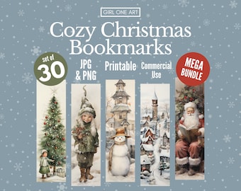 Cozy Christmas Printable Bookmark Bundle PNG JPG Watercolor Commercial Use Print & Cut Sublimation Scrapbook Junk Journal Gift Tags Labels