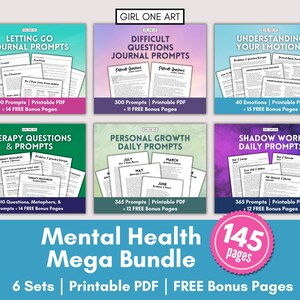 May include: A digital download bundle titled "Mental Health Mega Bundle" with six sets of printable PDF journal prompts. The sets include topics like letting go, difficult questions, understanding emotions, therapy questions, personal growth, and shadow work. The bundle includes 145 pages.