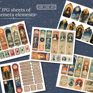 May include: Eleven digital paper sheets with vintage illustrations of celestial and magical themes. The sheets feature images of stars, moons, celestial bodies, and other mystical elements. The text on the sheets includes words like "Noon & Stars", "Starlight", "Nova Nazun", "Comet", "Lunar Dream World", and "Dust Magic".