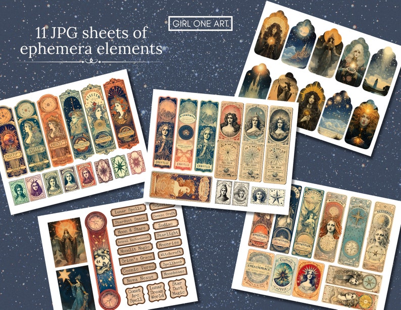 May include: Eleven digital paper sheets with vintage illustrations of celestial and magical themes. The sheets feature images of stars, moons, celestial bodies, and other mystical elements. The text on the sheets includes words like "Noon & Stars", "Starlight", "Nova Nazun", "Comet", "Lunar Dream World", and "Dust Magic".