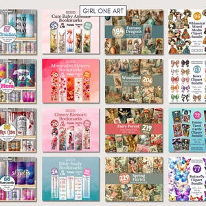 May include: A display of various digital art bundles, including tumblers, bookmarks, and clipart sets. The tumblers feature phrases like "Christian" and "Mom." Bookmark sets include "Cute Baby Animals" and "Minimalist Flowers." Clipart bundles include "Fantasy Dragons" and "Butterfly Clipart Bundle."