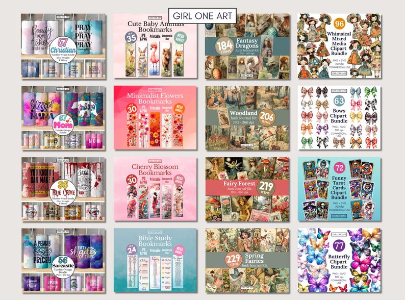 May include: A display of various digital art bundles, including tumblers, bookmarks, and clipart sets. The tumblers feature phrases like "Christian" and "Mom." Bookmark sets include "Cute Baby Animals" and "Minimalist Flowers." Clipart bundles include "Fantasy Dragons" and "Butterfly Clipart Bundle."