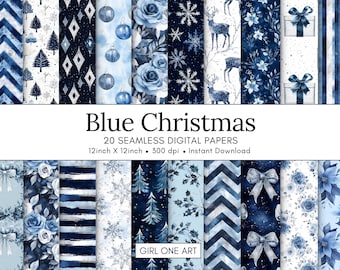 May include: A set of 20 seamless digital papers with a blue Christmas theme. Designs include baubles, snowflakes, deer, and floral patterns. Each paper is 30.48 cm by 30.48 cm and has a resolution of 300 dpi. The text "Blue Christmas" is displayed.