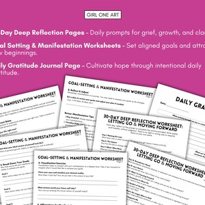 May include: A collection of white paper worksheets with black text, including "Goal Setting & Manifestation Worksheet" and "Daily Gratitude." The image has a pink background with the text "GIRL ONE ART" at the top.