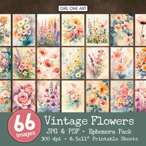 Vintage Blumen Ephemera Pack Junk-Journal druckbare viktorianische Blumen ATC-Postkarte Rustikaler Frühling Cottagecore Seiten Gartenpapier Antike Karte