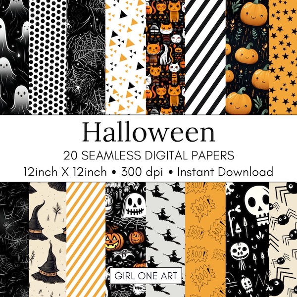 20 Halloween Digital Papers Seamless Commercial Use Instant Download Pumpkins Witches Bats Party Invitations Apparel Wall Art Cricut Design