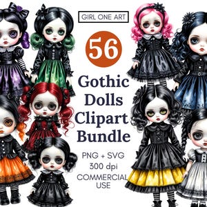 Gothic Dolls Clipart Set Creepy Horror Dark Fantasy Goth Girls Paper Doll Digital Halloween Graphics Fussy Cuts Journal Ephemera PNG SVG