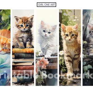 Peut inclure: Ensemble de cinq marque-pages aquarelle repr&eacute;sentant des chatons adorables. Chaque marque-page pr&eacute;sente un chaton diff&eacute;rent dans diverses poses, avec des couleurs douces et une fourrure d&eacute;taill&eacute;e. Le texte "Printable Bookmarks" est visible en bas.