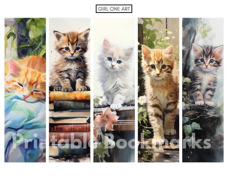 Peut inclure: Ensemble de cinq marque-pages aquarelle repr&eacute;sentant des chatons adorables. Chaque marque-page pr&eacute;sente un chaton diff&eacute;rent dans diverses poses, avec des couleurs douces et une fourrure d&eacute;taill&eacute;e. Le texte "Printable Bookmarks" est visible en bas.