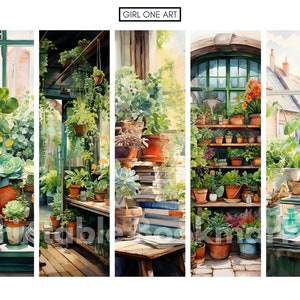 May include: A watercolor painting of a sunlit greenhouse with a variety of potted plants, including succulents, ferns, and leafy greens. The greenhouse has a wooden shelf with multiple rows of potted plants. The painting is divided into four sections, each showing a different part of the greenhouse.