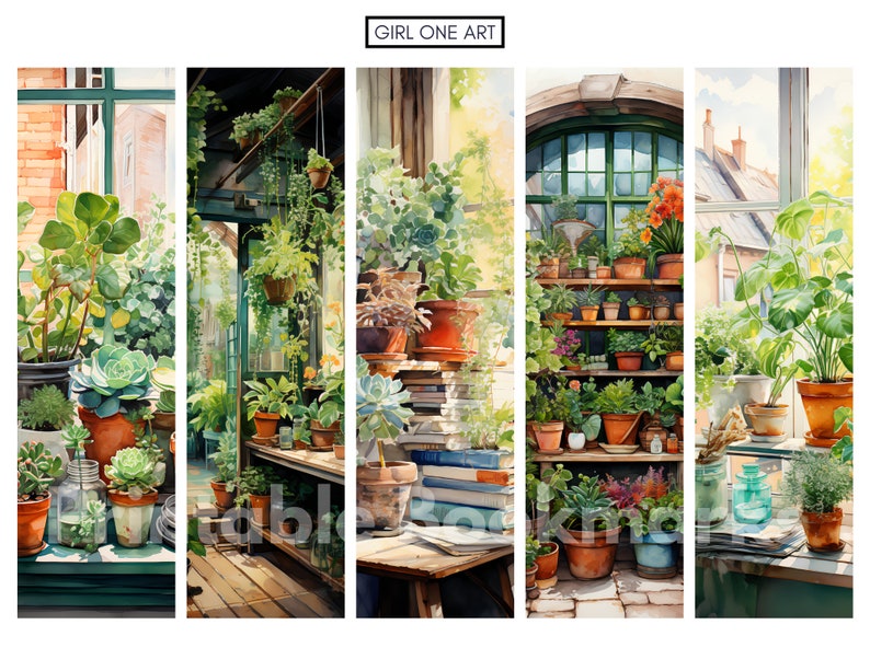 May include: A watercolor painting of a sunlit greenhouse with a variety of potted plants, including succulents, ferns, and leafy greens. The greenhouse has a wooden shelf with multiple rows of potted plants. The painting is divided into four sections, each showing a different part of the greenhouse.