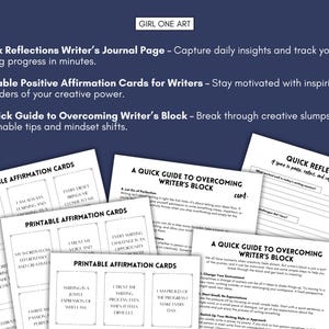 May include: A set of printable affirmation cards for writers, featuring positive messages like "I am a writer and I deserve to write" and "Every draft brings me closer to my goal".  The cards are designed to help writers overcome writer's block and stay motivated.