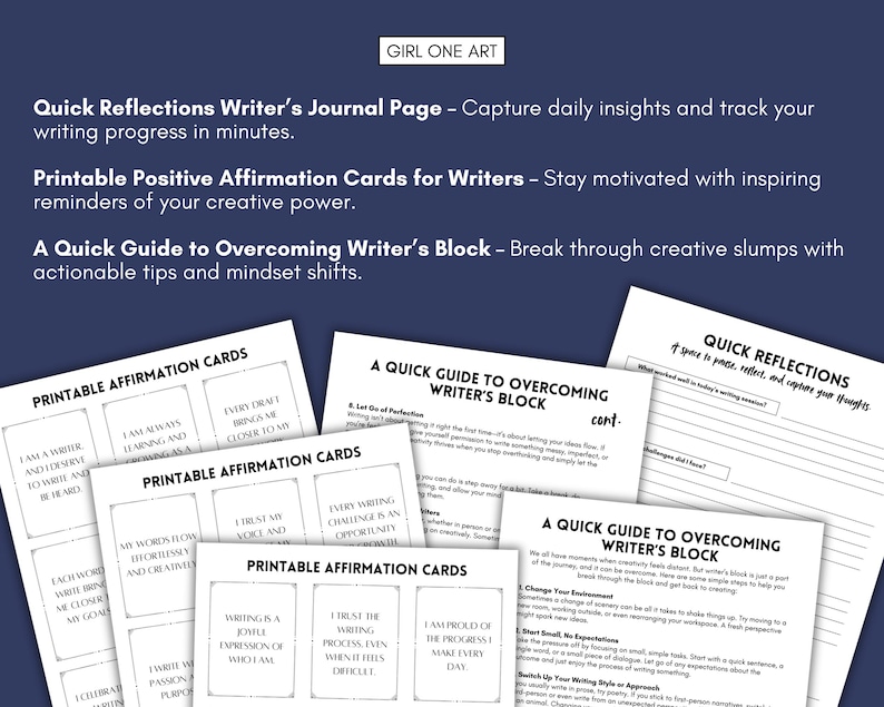 May include: A set of printable affirmation cards for writers, featuring positive messages like "I am a writer and I deserve to write" and "Every draft brings me closer to my goal".  The cards are designed to help writers overcome writer's block and stay motivated.