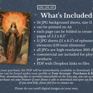 May include: A digital collage kit with 34 background sheets, 11 ephemera sheets, and 159 total elements. The kit includes high-resolution images in JPG format, with a resolution of 300 dpi. The kit is available for commercial use for physical products. The kit includes a PDF with Dropbox links to files.