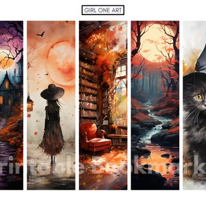 May include: Set of four printable bookmarks featuring a spooky Halloween theme. The bookmarks depict a mysterious house with a winding path, a witch walking through a forest, a cozy library with a red armchair, a stream flowing through a forest, and a black cat wearing a witch's hat.