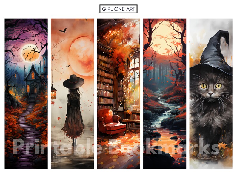 May include: Set of four printable bookmarks featuring a spooky Halloween theme. The bookmarks depict a mysterious house with a winding path, a witch walking through a forest, a cozy library with a red armchair, a stream flowing through a forest, and a black cat wearing a witch's hat.