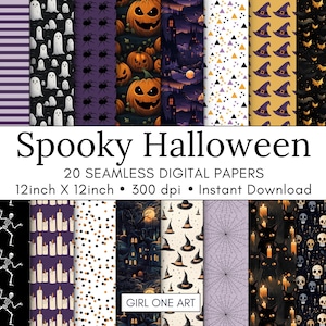 Gruseliges Halloween Digitale Papiere JPG Nahtlose kommerzielle Nutzung Sofortiger Download Kürbisse Spukhäuser Geister Party Einladungen Cricut Design