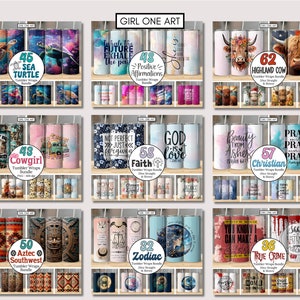May include: A collage of 10 different tumbler wrap designs. The designs include a sea turtle, a cowgirl, a highland cow, a zodiac sign, a southwest pattern, a Christian prayer, a true crime theme, a faith quote, a positive affirmation, and a beauty quote. Each design is numbered and includes the words "Tumbler Wraps Bundle".