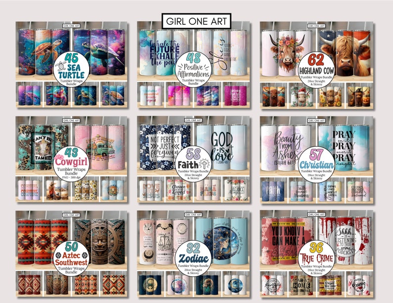 May include: A collage of 10 different tumbler wrap designs. The designs include a sea turtle, a cowgirl, a highland cow, a zodiac sign, a southwest pattern, a Christian prayer, a true crime theme, a faith quote, a positive affirmation, and a beauty quote. Each design is numbered and includes the words "Tumbler Wraps Bundle".
