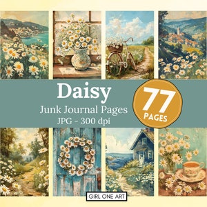 Vintage Daisy Junk Journal Pages en téléchargement numérique Feuilles de collage de fleurs printanières Scrapbook d'été botanique imprimable Fleurs sauvages, papier JPG