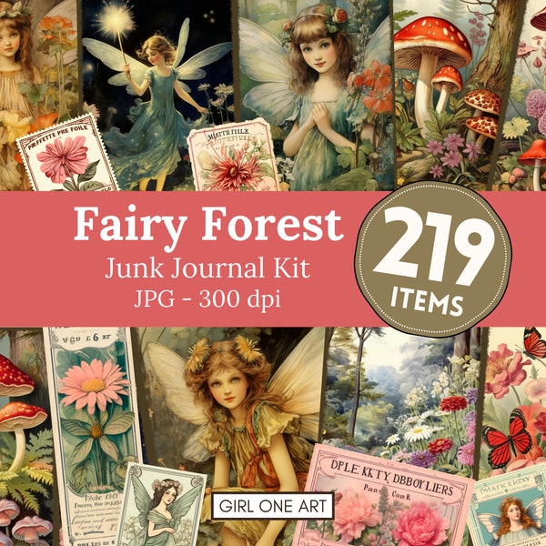 Kit de journal indésirable Fairy Forest Téléchargement instantané numérique Scrapbooking Paper Faerie Fantasy Collage Sheets Imprimable vintage éphémère JPG champignon