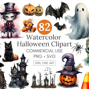 Akwarela Halloween Clipart Mega Bundle PNG SVG Komercyjne użycie Dynie Potwory Duch Nietoperz Czarownica Czarny Kot Grafika Zaproszenie na Święta