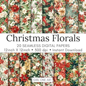 Pacchetto di carta stampabile con fiori natalizi, diario invernale senza soluzione di continuità, download di modelli di album di ritagli con fiori vintage del bosco, sfondi