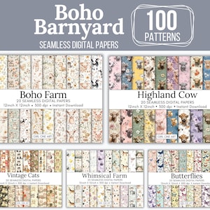 Pode incluir: Conjuntos de papéis digitais com temas de animais de fazenda e natureza. A imagem apresenta seis conjuntos de papéis digitais sem costura, incluindo "Boho Farm", "Highland Cow", "Vintage Cats", "Whimsical Farm" e "Butterflies". Cada conjunto contém 20 papéis, 30,48 cm x 30,48 cm.