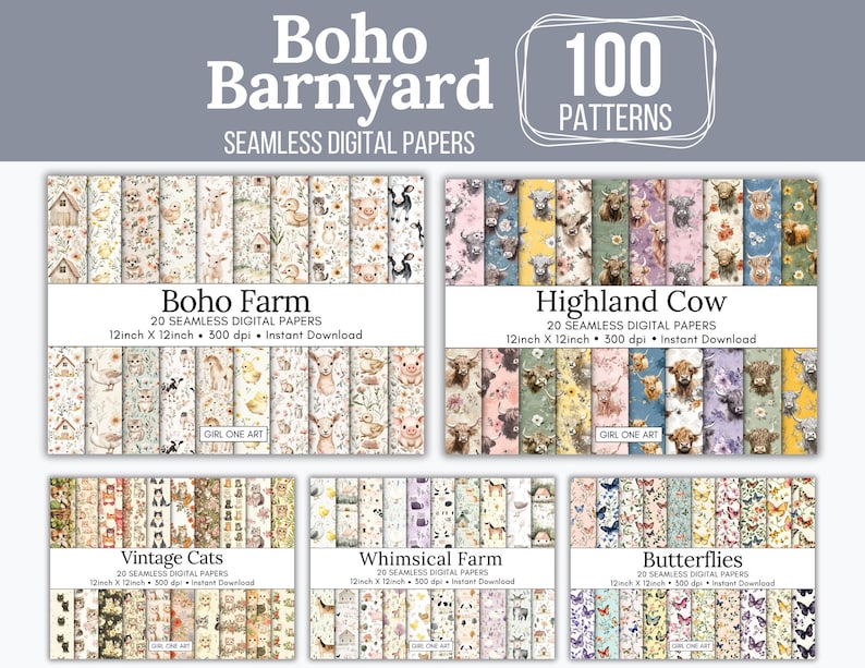 Boho Farm Seamless Paper Mega Bundle: 100 Floral Barnyard Patterns ...