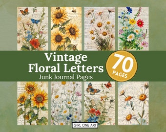 Vintage Floral Letters Junk Journal Pages Digital Download Spring Flower Collage Sheets Botanical Scrapbook Paper Sunflowers & Daisy JPG