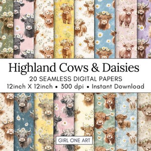 Highland Kuh & Gänseblümchen Nahtloses Papier Digitales Cowgirl Aquarell Sich wiederholendes Textildesign Blumenmuster Niedliche Kuh Hintergrund Gänseblümchen Journal