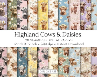 Highland Cow & Daisies Seamless Paper Digital Cowgirl Watercolor Repeating Textile Design Flower Pattern Cute Cow Background Daisy Journal