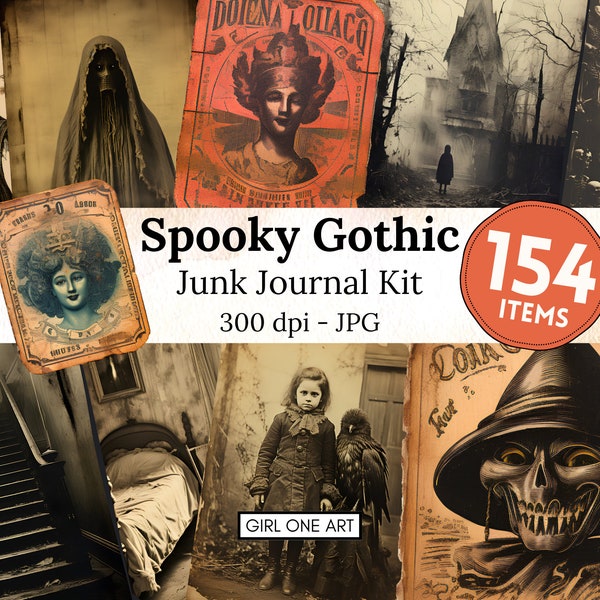 Spooky Junk Journal Kit Download istantaneo Scrapbook digitale Kit di carta Collage gotico Fogli Vintage Ephemera Horror Gothic Sfondi JPG