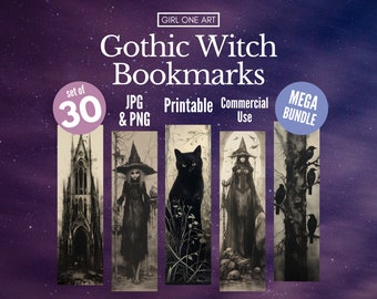 Gothic Witch Printable Bookmarks Bundle Digital Download PNG JPG Commercial Use Sublimation Junk Journal Bookmark Sheet Print & Cut Fantasy