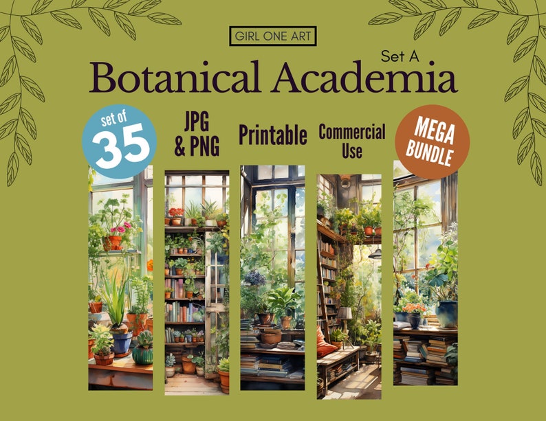 Peut inclure: Une illustration num&eacute;rique d'un jardin botanique avec une biblioth&egrave;que, des plantes et des fen&ecirc;tres. Le texte "Botanical Academia" est en haut de l'image. Le texte "Set A" est &agrave; droite du texte "Botanical Academia". Le texte "Set of 35" est dans un cercle bleu. Le texte "JPG & PNG" est dans un rectangle blanc. Le texte "Printable" est dans un rectangle blanc. Le texte "Commercial Use" est dans un rectangle blanc. Le texte "MEGA BUNDLE" est dans un rectangle marron.