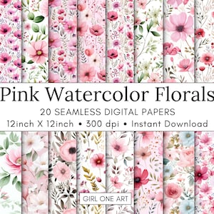 20 Pink Watercolor Floral Printable Paper Seamless Shabby Chic Instant Digital Download Floral Wildflower Scrapbook Junk Journal Paper JPG