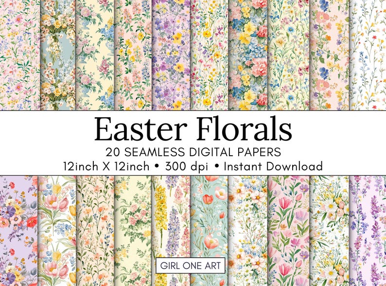 May include: A collection of 20 seamless digital papers with floral patterns. Each paper features a unique design with flowers in various colors, including pink, yellow, blue, and purple. The papers are 12 inches by 12 inches and are suitable for digital projects.