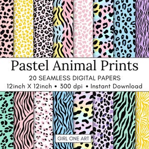 Pastell Animal Prints Druckbares Papier Nahtlose JPG Leopard Gepard Zebra Muster Digitale Papiere Scrapbook Planer Rosa 80er 90er Jahre Hintergrund