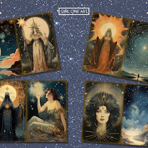 May include: A collection of six vintage-style illustrations featuring celestial imagery. The images depict a woman with a star, a woman in a robe, a woman with a crown, a woman with a moon, a woman with a star, and a castle in the clouds.