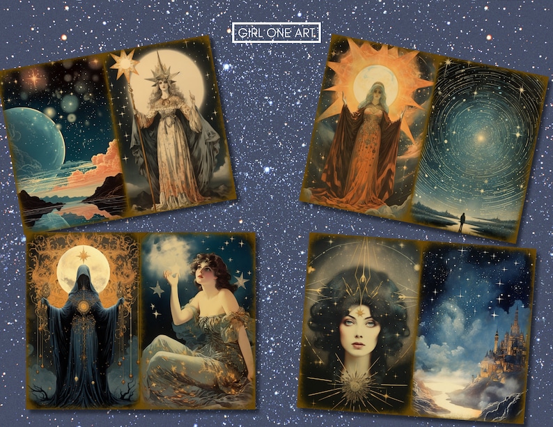 May include: A collection of six vintage-style illustrations featuring celestial imagery. The images depict a woman with a star, a woman in a robe, a woman with a crown, a woman with a moon, a woman with a star, and a castle in the clouds.