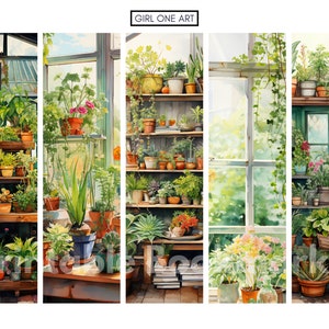 Peut inclure: Une peinture &agrave; l'aquarelle d'une serre remplie de plantes et de fleurs. La serre a une structure en bois et des &eacute;tag&egrave;res avec diverses plantes en pots. Les fen&ecirc;tres sont ouvertes et la lumi&egrave;re du soleil p&eacute;n&egrave;tre &agrave; l'int&eacute;rieur. La peinture est intitul&eacute;e "GIRL ONE ART".
