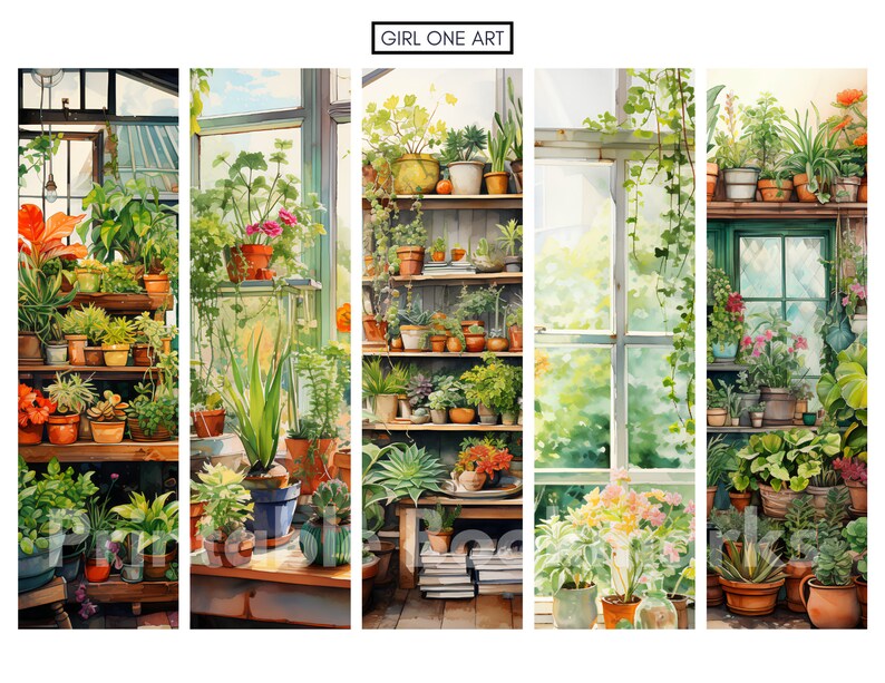 Peut inclure: Une peinture &agrave; l'aquarelle d'une serre remplie de plantes et de fleurs. La serre a une structure en bois et des &eacute;tag&egrave;res avec diverses plantes en pots. Les fen&ecirc;tres sont ouvertes et la lumi&egrave;re du soleil p&eacute;n&egrave;tre &agrave; l'int&eacute;rieur. La peinture est intitul&eacute;e "GIRL ONE ART".