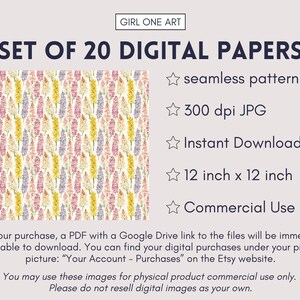 May include: Digital paper set featuring a floral pattern with yellow, pink, and purple flowers on a white background. The image includes text: "SET OF 20 DIGITAL PAPERS", "seamless pattern", "300 dpi JPG", "Instant Download", "12 inch x 12 inch", and "Commercial Use".