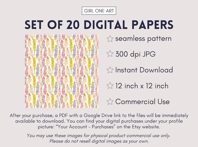 May include: Digital paper set featuring a floral pattern with yellow, pink, and purple flowers on a white background. The image includes text: "SET OF 20 DIGITAL PAPERS", "seamless pattern", "300 dpi JPG", "Instant Download", "12 inch x 12 inch", and "Commercial Use".