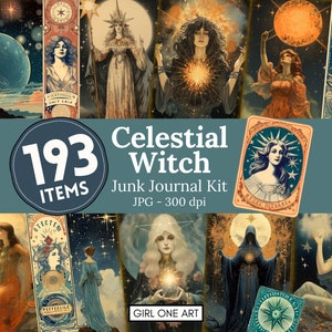Kit de diário de lixo de bruxa celestial Grimório vintage Efêmera Papel de scrapbook de bruxa lunar Folhas de colagem de fantasia lunar Fundos de bruxaria