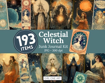 Celestial Witch Junk Journal Kit Vintage Grimoire Ephemera Lunar Witchy Scrapbook Paper Moon Fantasy Collage Sheets Witchcraft Backgrounds