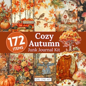 Accogliente autunno spazzatura Journal Kit Download digitale JPG Scrapbook Carta Autunno Collage Fogli Sfondi stampabili Ephemera vintage Foglie autunnali